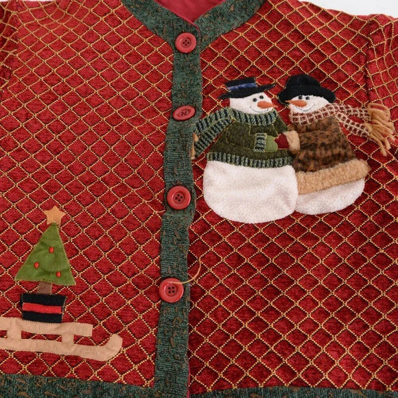 Red & Green Holiday Festive Snowman Button Up Cardigan Jacket Ugly Christmas M - Picture 7 of 11